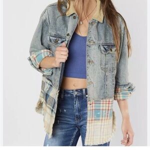 Free People Denim Trucker Jacket Plaid Corduroy Patchwork Size M/L